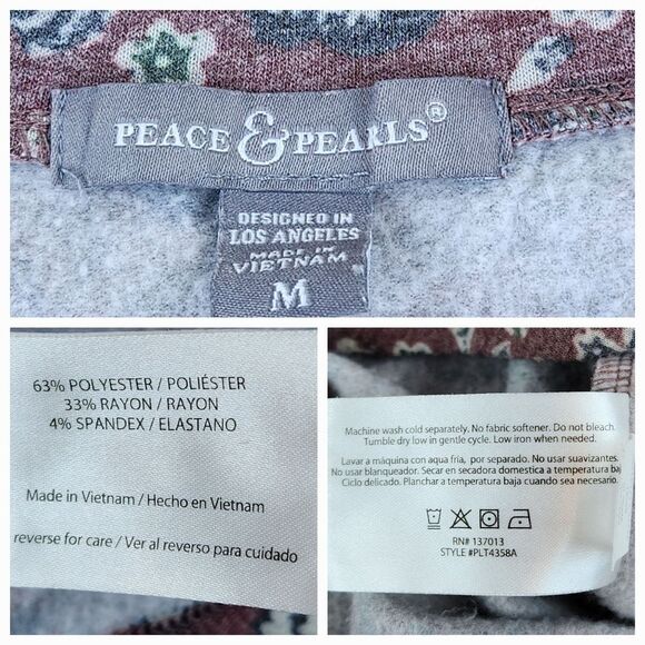 💛Peace & Pearls Floral Fleece Lined Long Sleeve Top Medium - Picture 9 of 9